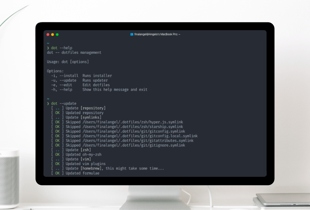 Running my dotfiles in a shell through "dot --update"