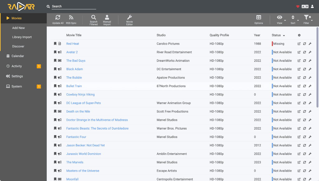 Radarr interface